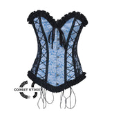 Baby Blue Brocade With Frill And Lace Design Long Overbust Corset